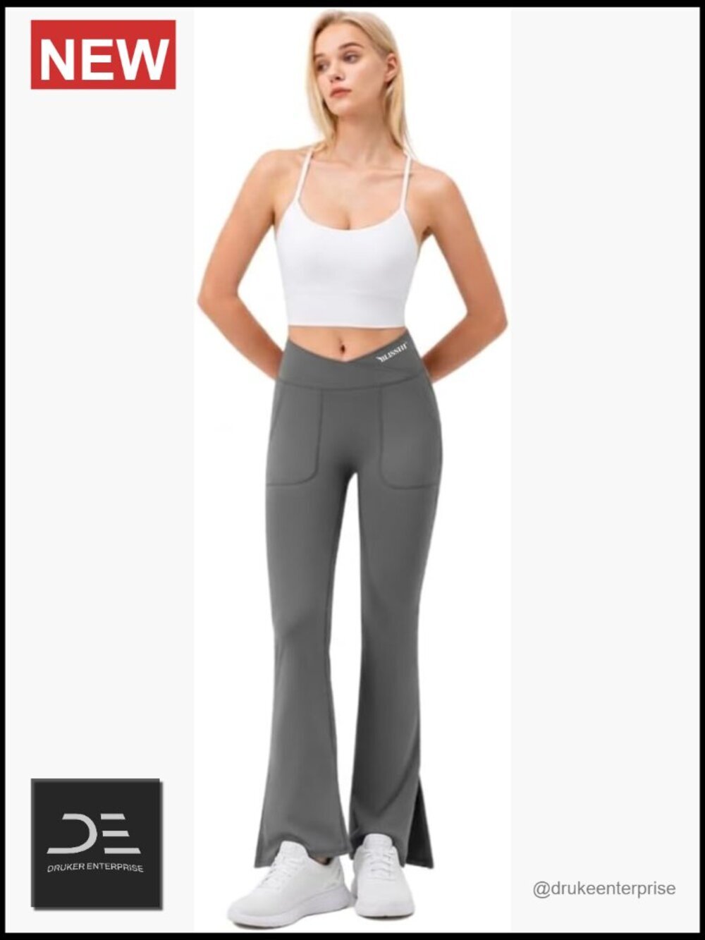 High Waist Bootcut Yoga Pants with Pockets, Crossover Flare Split Hem Leggings